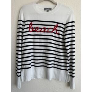 Marled Reunited Beach Sweater Medium Breton Stripe Red Script Coastal